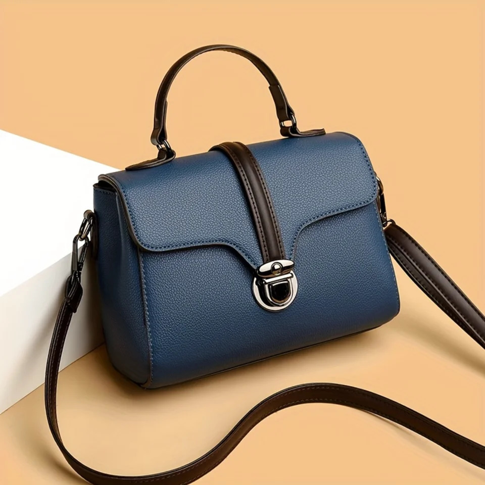 Ship from US Color Contrast Mini Handbag Women PU Leather Crossbody Bag Turn Lock Flap Purse 250227FBB