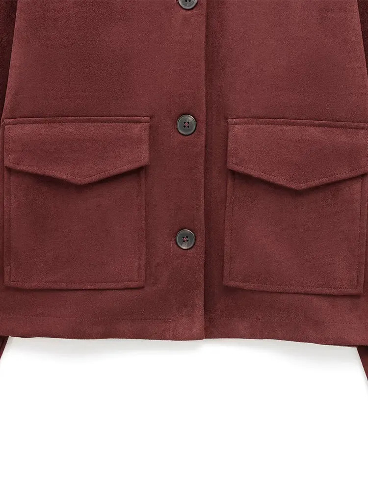 TRAF Suede Texture Casual Chic Women Jackets Solid Turndown Collar Pockets Loose Short Coats Fashion Outwears 250227