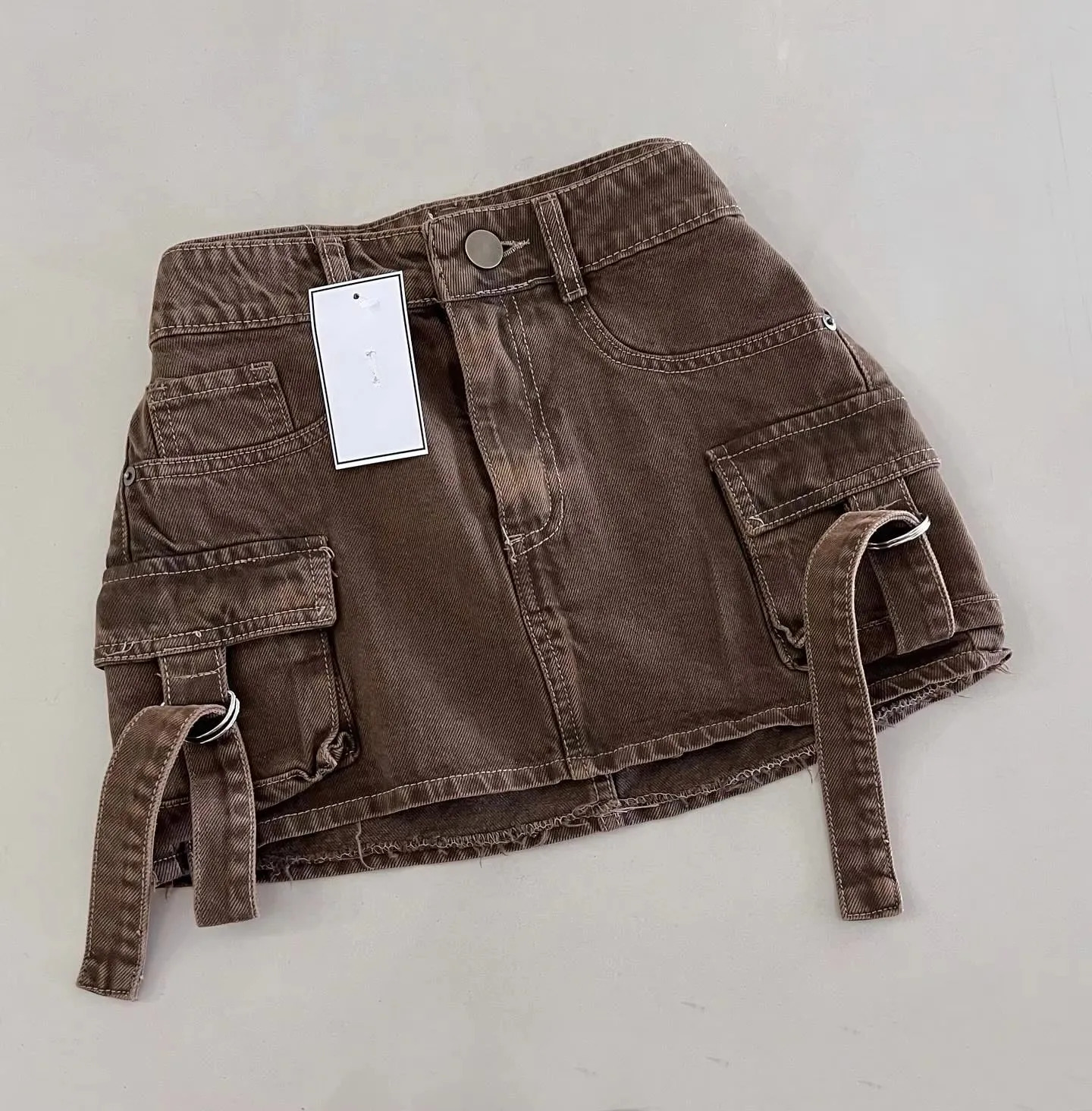 Streetwear Vintage Brown Denim Skirt Sexy Girl Low Waist Mini Harajuku Gothic Multi Pockets Hip Womens Clothing 250226