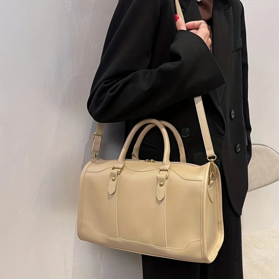 Ship from US Elegant Vintage Boston Bag Chic PU Leather with Removable Strap Secure Zip Perfect for Womens Daily Style and Travel w250227FBB