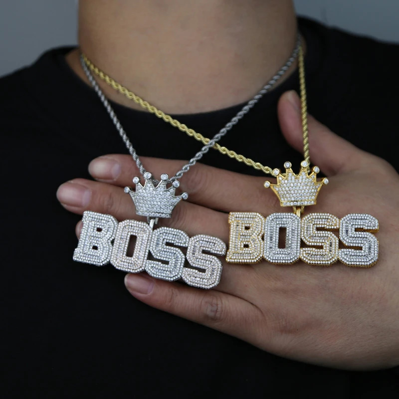 Hip Hop Crown Letter Pendant Necklace Iced Out Bling Two Tone Color CZ Zircon Charm Mens Women Jewelry 250227
