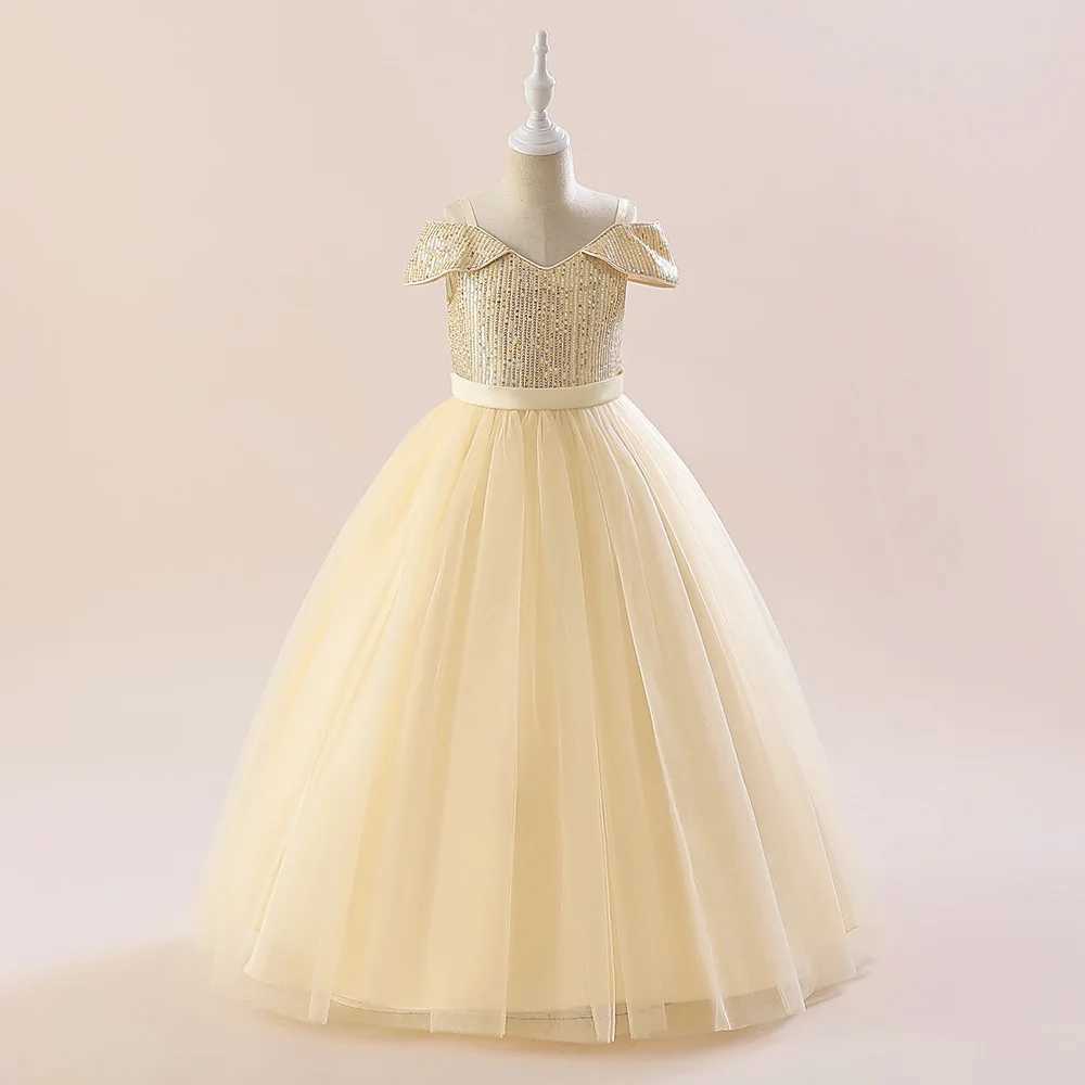 Girl's Dresses Fluffy Sequin Bridemaid Girls Dress Christmas Costumes Bow Tulle Wedding Princess Kids Party Dresses for Girl Birthday Prom Gown Y