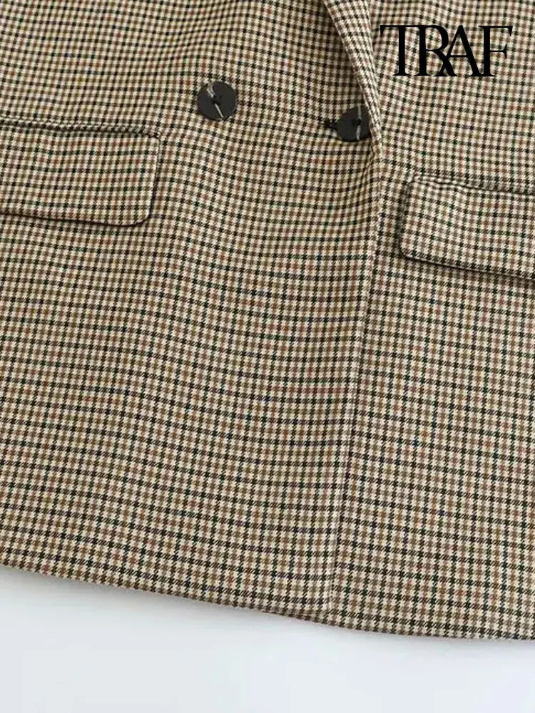 TRAF Women Fashion Double Breasted Plaid Blazer Coat Vintage Long Sleeve Flap Pockets Female Outerwear Chic Vestes Femme 250226