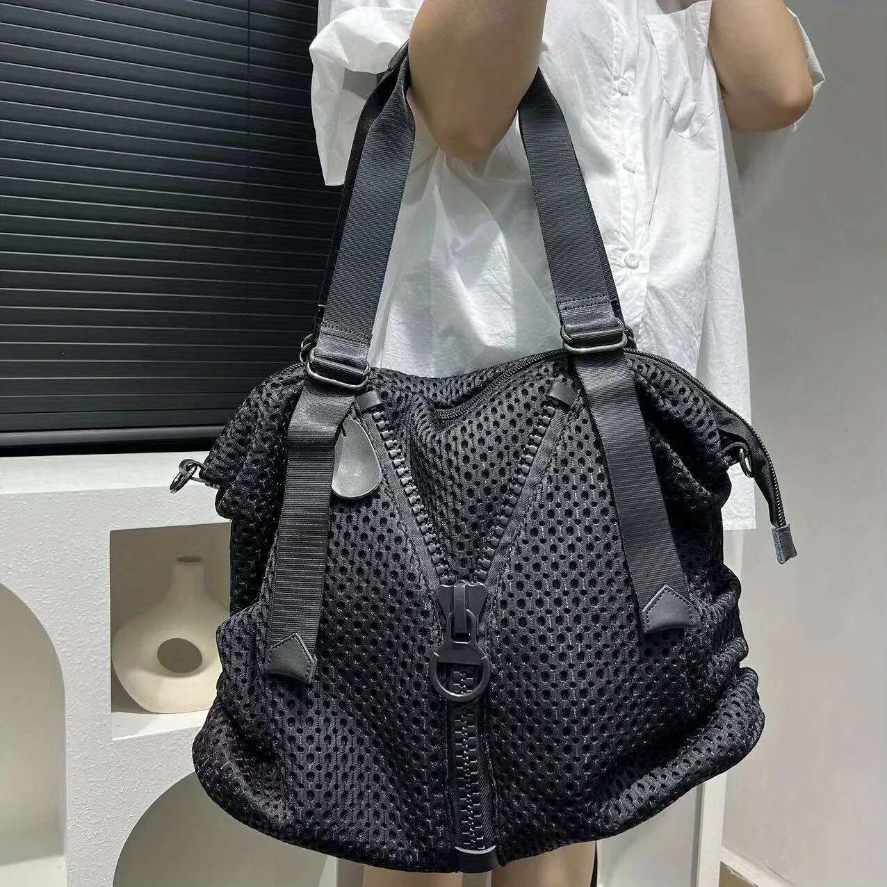 Women's Fashion Nylon Shoulder Capacity Travel Bag Mesh Large Zipper Wide Band Crossbody Handbag