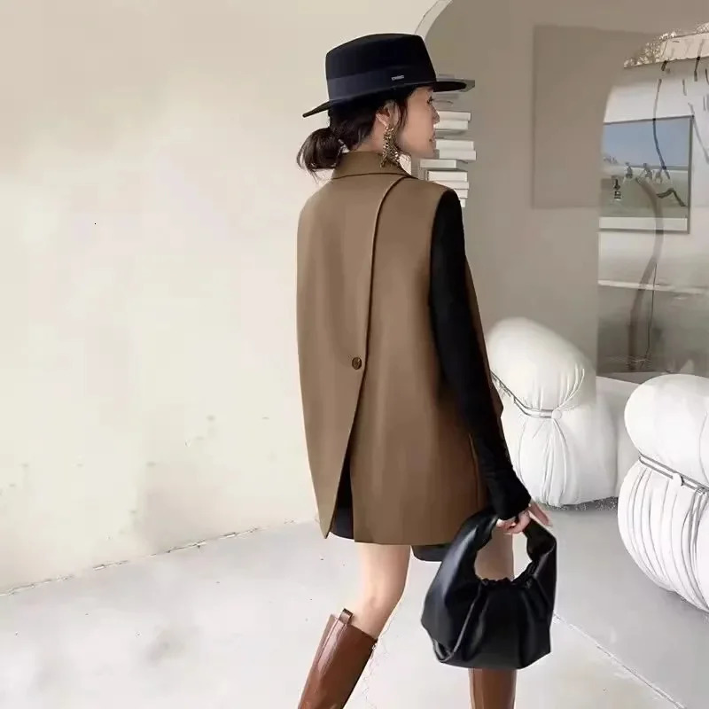 Vintage Sleeveless Blazer Vest Fashion OL Casual Lapel Suit Blazer Summer Women Office Double Breasted Suit Coats 250226