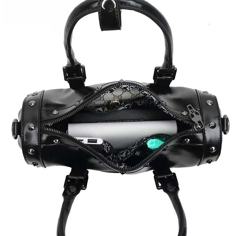 Studded Double Black Skull Satchel Handbag Womens Shoulder Bags Personality Rivet Single Strap Travel Bag Gothic Style