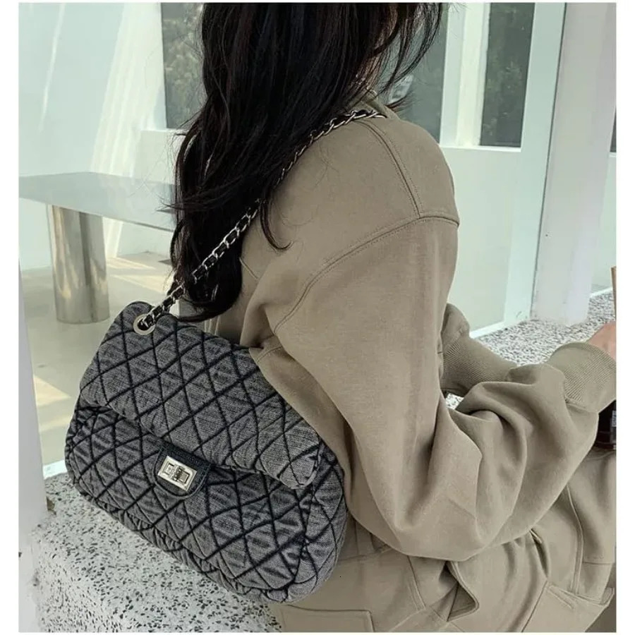 Ship from US Womens Grey Casual Diamond Checker Denim Retro Fashion One Shoulder Handbag 250227FBB