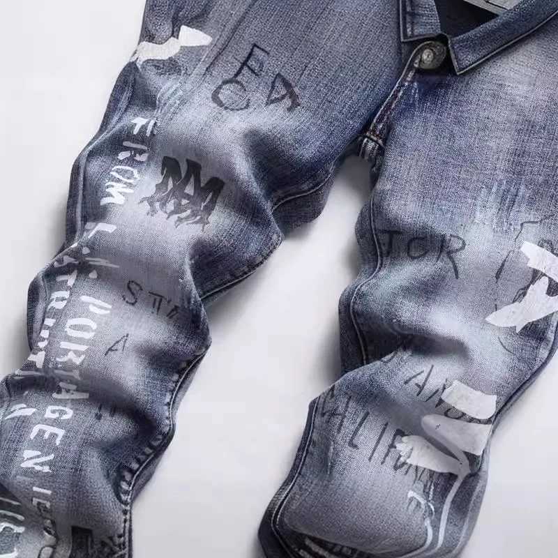 Slim-fit American Street Elastic Retro Cotton Print Hole Trendy Mens Fashion Niche Jeans Chaonan Collocation X250227