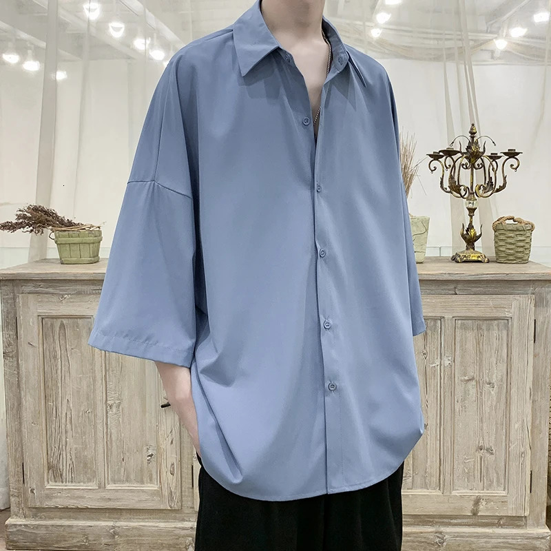 Summer Short Sleeved Shirt Men Oversized Society Mens Black Dress Shirt Korean Loose Ice Silk Shirt Mens Office Formal Shirts 250224