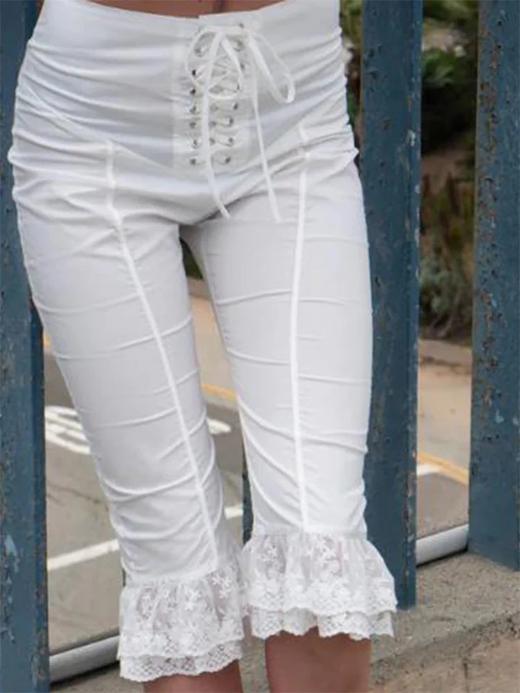 CHRONSTYLE Women Capris Pants Lace Ruffles Front Criss-Cross Tie-Up Summer Casual Cropped Pants Stretch Crop Leggings Streetwear 250226