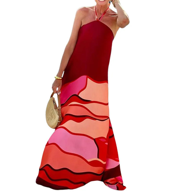 BAMBOOBOY Print Lace Up Halter Maxi Dress Women Sexy Backless Party Outfit Fashion Sleeveless Casual Beach Holliday Sundress 250222