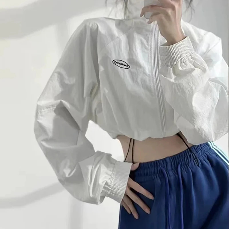 American Zipper Cut Jacket Womens Drawstring Sports Jazz Long Sleeve Top Waterproof Harajuku Y2K Fashion Loose Hip Hop 250227
