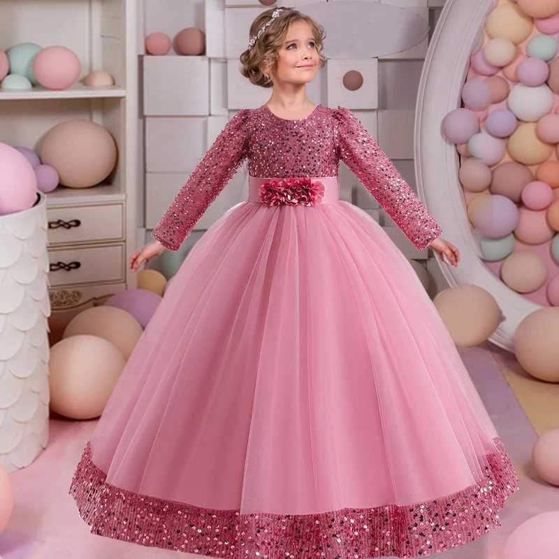 Girl's Dresses Teenagers formal evening dress girls clothing long sleeved sequins Christmas wedding party dress girls princess dress Y250227P7TY