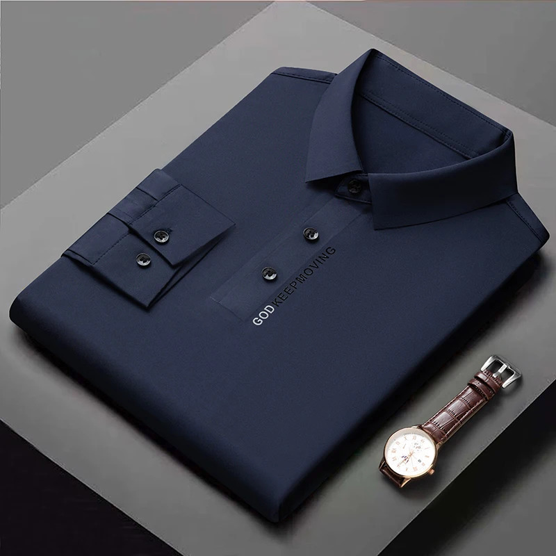 High Quality Mens Long Sleeved POLO Shirt Autumn Solid Color Printing Seamless Ice Silk Lapel Fashionable Mens Clothing 250225