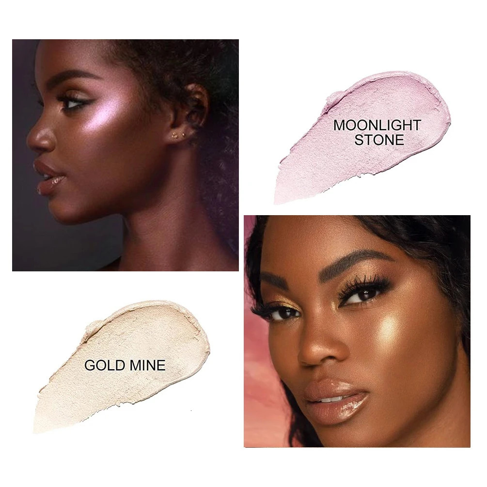 2color Highlight is used for cosmetics with a bright Highlander stick that outlines the face and bronze shimmer lighting as makeup tool 250219