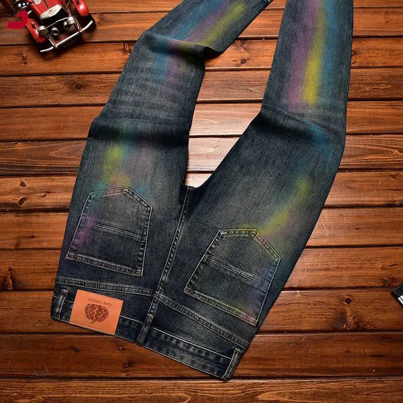 Trendy High-End Mens Jeans With American Style Slim Fit Printed Pattern Casual Fall Winter Trousers Small Size Stretchable X250227