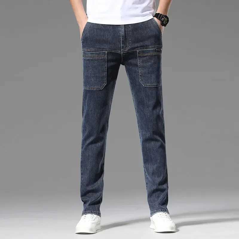 Mens cargo pants ultra-thin elastic jeans with multiple pockets fashionable streetwear designer slim mens denim Trouser brand clothing blue and black 
