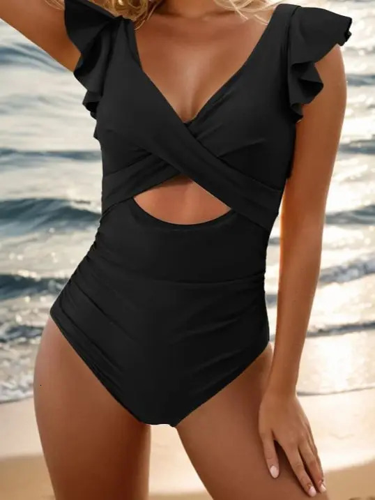 One piece ultrathin solid color printed cross hollow pleated womens swimsuit 250227