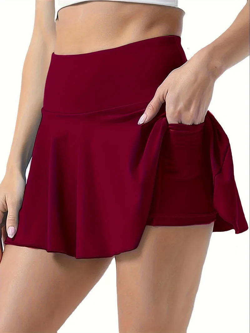 Womens Solid Color High Waisted Tennis Pleated Skirts Inner Pocket Quick Drying Sports Short Running Fitness Skirt 250227