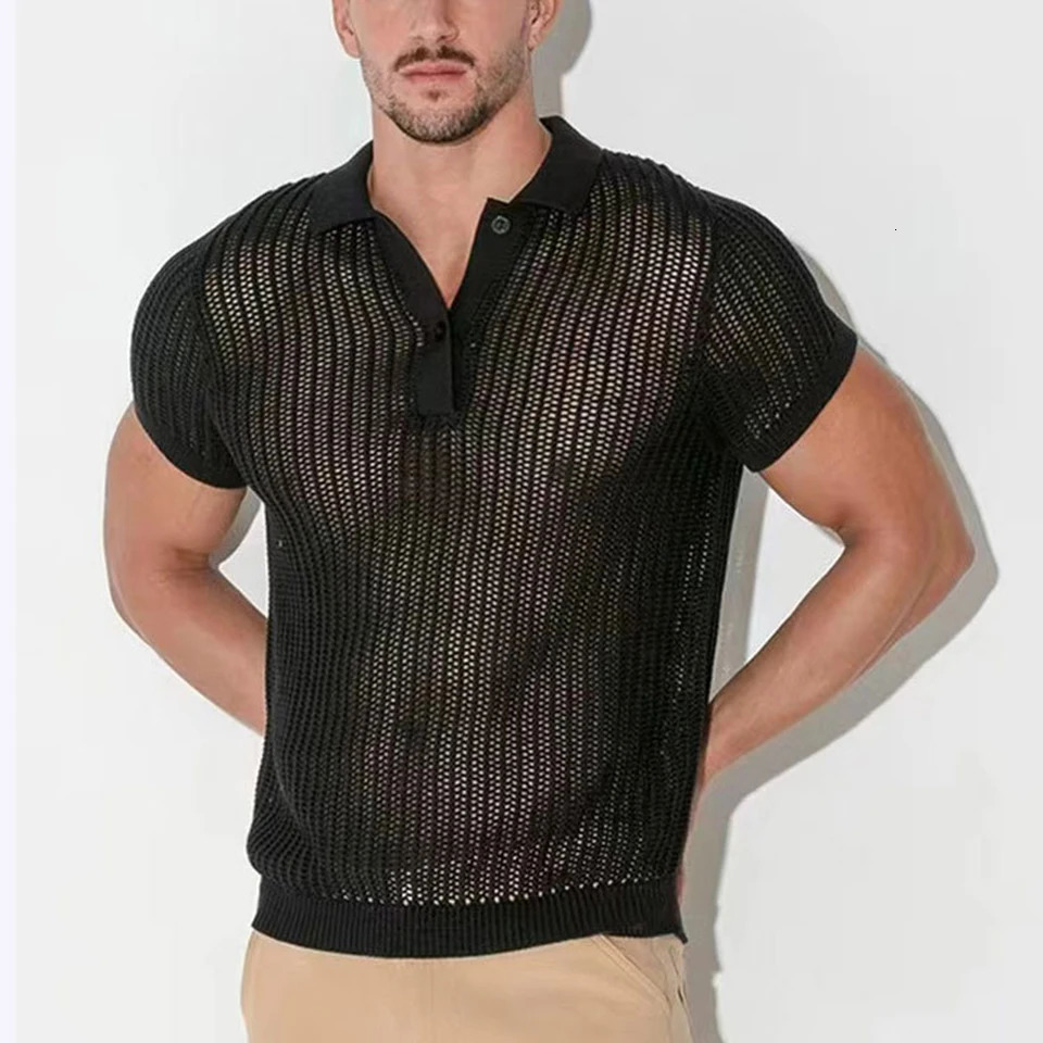 Shirt Tops V-lapel Tops Solid Color Fashion Streetwear Ribbed Knitted Sexy See Through Hollow Out Short Sleeve Shirt 250222