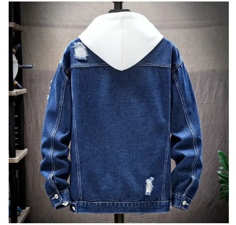 Mens Denim Jacket Ripped Hole Single Breasted Coats Spliced Outerwear Jackets Pockets Casual Loose Washed Distressed 250225