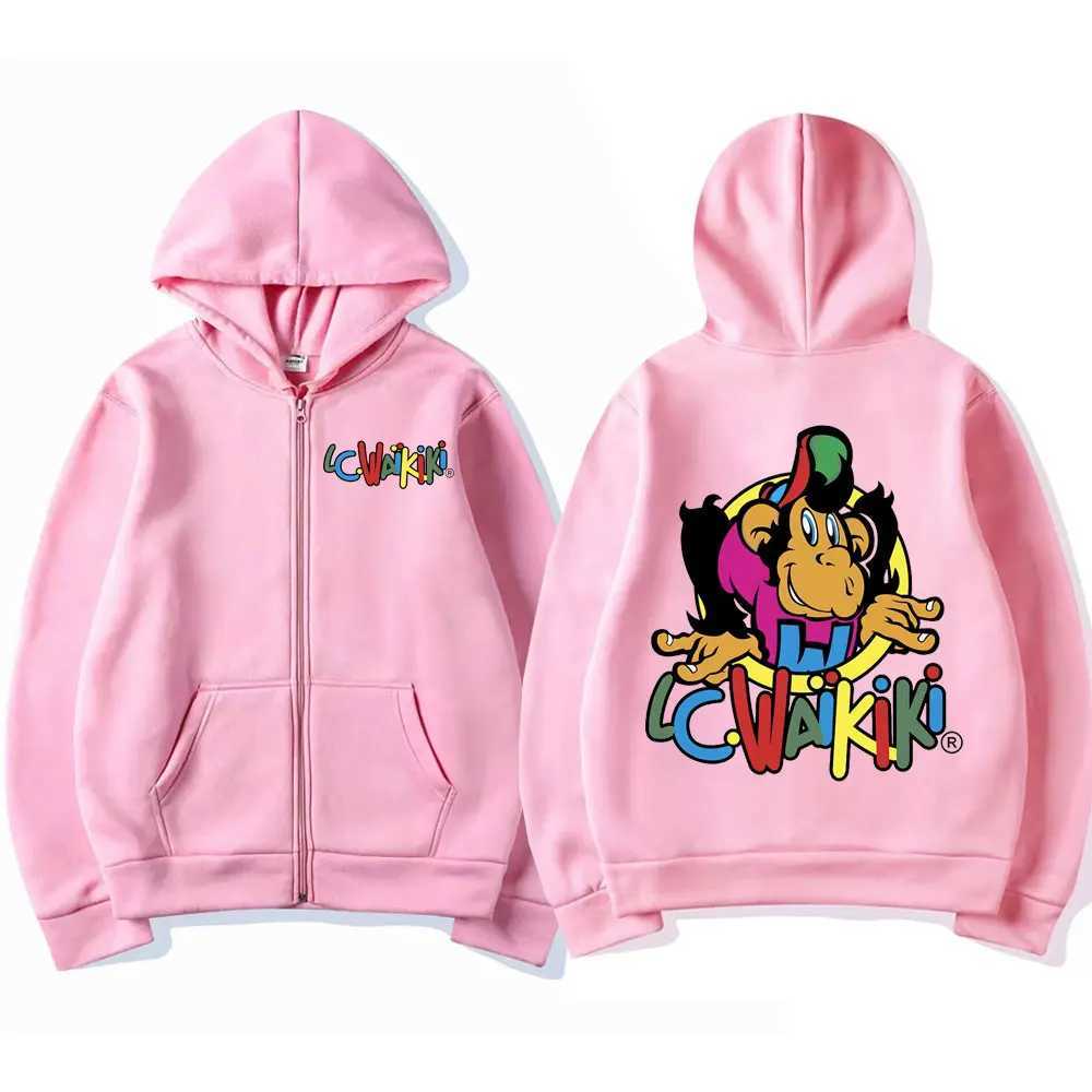 Lc Waikiki Monkey Print Zipper Hoodies Men Women Fashion Y2k Aesthetics Zip Up Sweatshirts High Quty Flce Loose Pullovers X250227