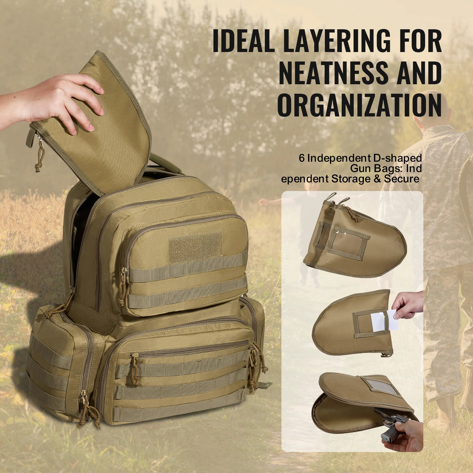 Ship from U.S. VEVOR Tactical Range Backpack 2/6 Pistols Gun Backpack with Independent Pistol Bags 6/10 Magazines Pistol Backpack for Outdoor 250227FB