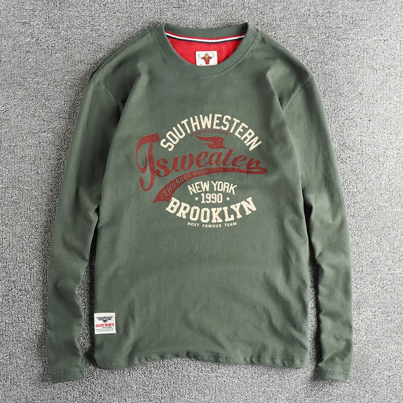 Autumn American Retro Trend Letter Pattern Long Sleeve Tshirt Mens Cotton Casual Bottom Shirt 250226