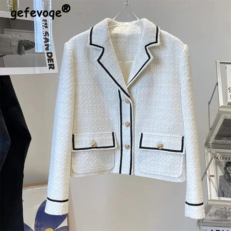 Women French Style y Contrast Color Chic Tweed Jacket Retro Single Breasted Outewear Female Elegant Long Sleeve Blazer Coat 250227