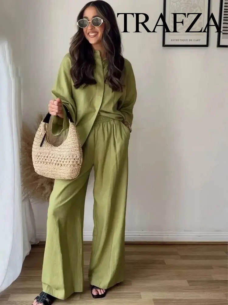 TRAFZA Womens 2piece Elastic Waist Pocket Folding Decorative Wide Leg PantsSolid Single Chest Seam Bottom Shirt Top TRAF 250226