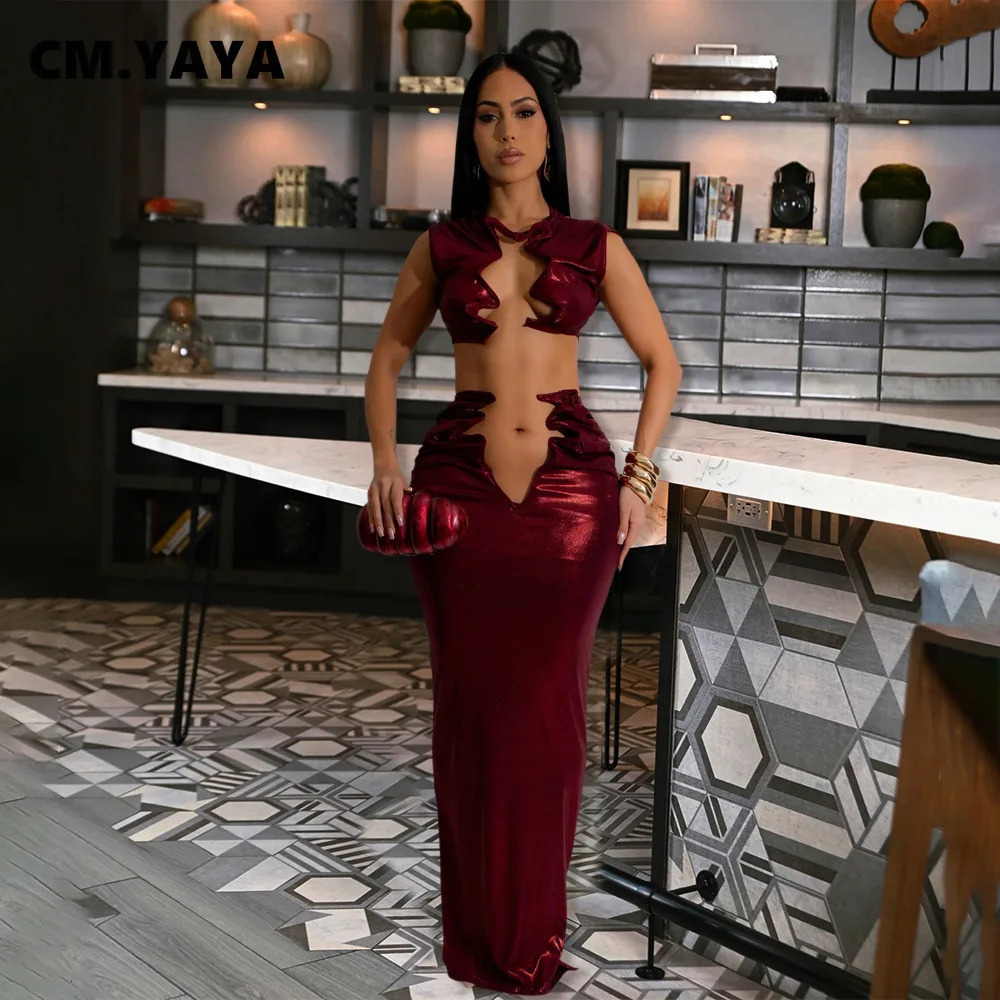 CM.YAYA Women Sets Sleeveless Sexy Irregular Crop Top and Long Straight Skirt Set Street Party Night Club Party 2 Two Piece Sets 250226