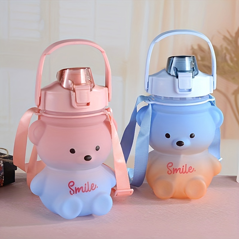 1000ml Flip Straw Adorable Bear Water Bottle for Kids Cute Teddy Bear Water Bottle with Strap