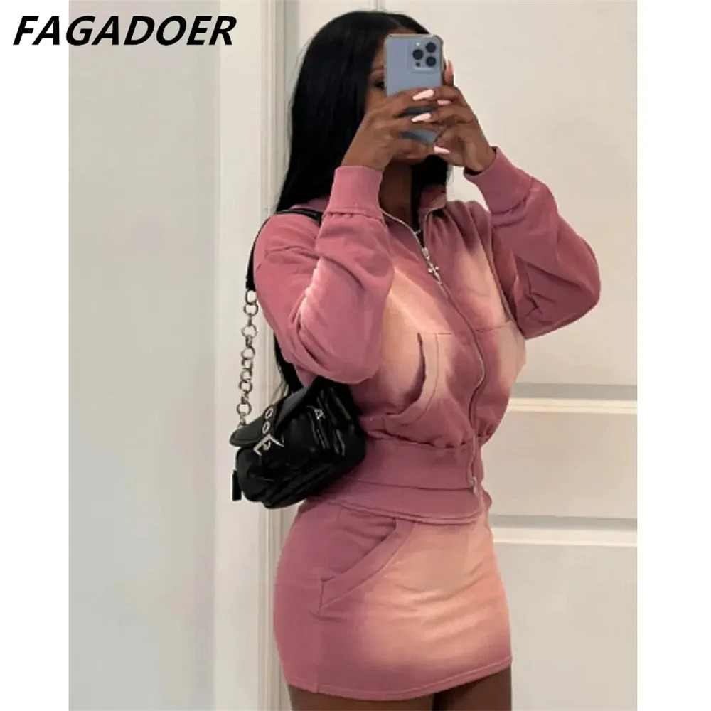 FAGADOER Pink Tie Dye Print Two Piece Sets Women Outfits Fashion Zip Pocket Long Sleeve Crop Top And High Waist Skirts Clothing 250226