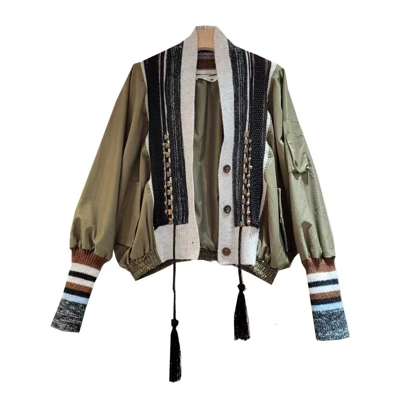 Fashion womens jacket rivet patchwork fringed Vneck longsleeved singlebreasted contrasting coat spring 250227