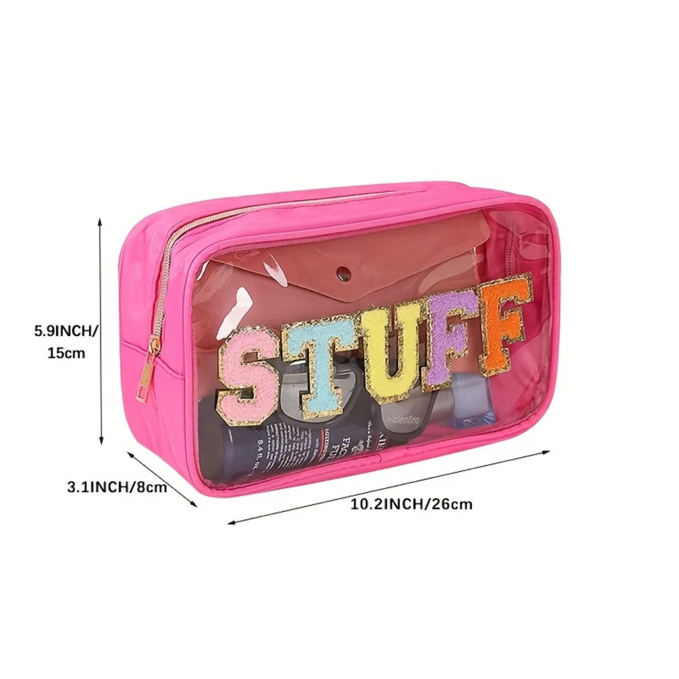Ship from US 1pcs Clear Chenille Letter Patch Bag Preppy Makeup Bags Cosmetic Zipper Pouch Transparent Waterproof PVC Nylon Portable Travel M 250227FB