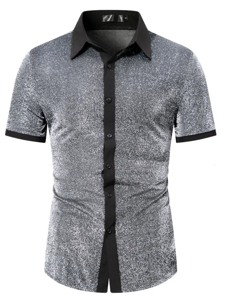 #4628 Gold Purple Silver Shinny Short Sleeve Shirt Men Split Joint Streetwear Mens Shirts Regular Fit Party Night Club Hip Hop 250224