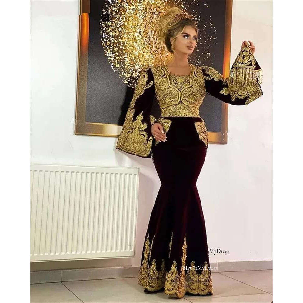 Traditional Kosovo Vestidos Formales Arabic Veet Evening Dresses Flared Sleeves Applique Lace Mermaid Prom Dress Robe De Soir 322 0227Lz
