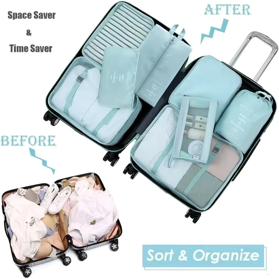 Ship from US 8pcs Luggage Packing Organizer Set Dacron Lightweight Cosmetic Cubes Clothing Underwear Shoes Bag Back To School Supp 250227FBB