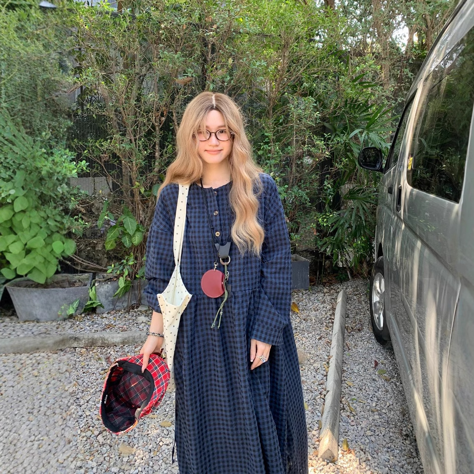 F118 Temperament College Style Japanese Long Sleeve Plaid Dress Spring New Style Age Reducing Loose Covering Meat Senior Long Dress