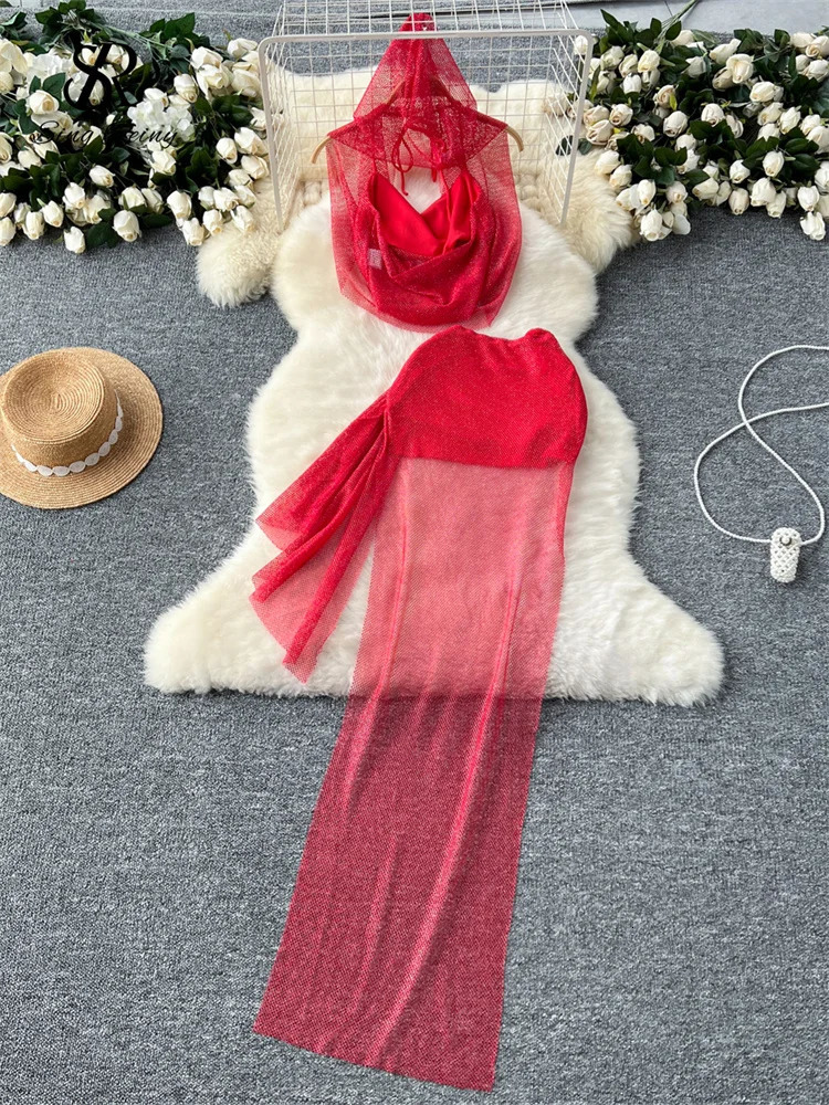 SINGREINY Sensual Vacation Styles Hoodeds Skirt Sets Mini TopShort Sim Skirt Set Female Shiny Hollow Out Irregualr Sheath Suits 250226