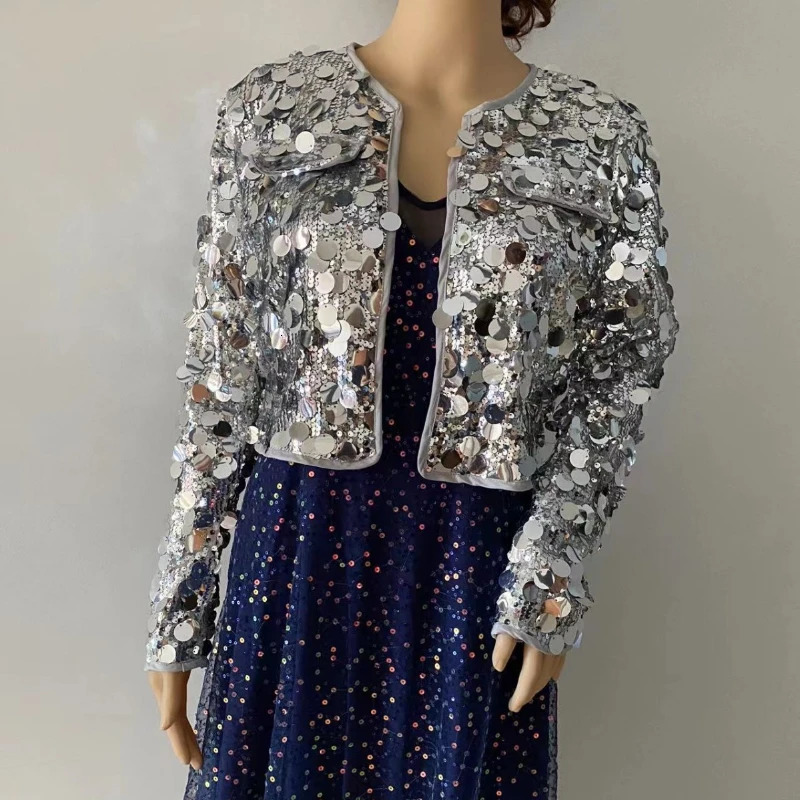 Spring Niche Fashion Heavy Industry Sequined Versatile Long Sleeve Jacket Womens Trendy Party Club Top 250227