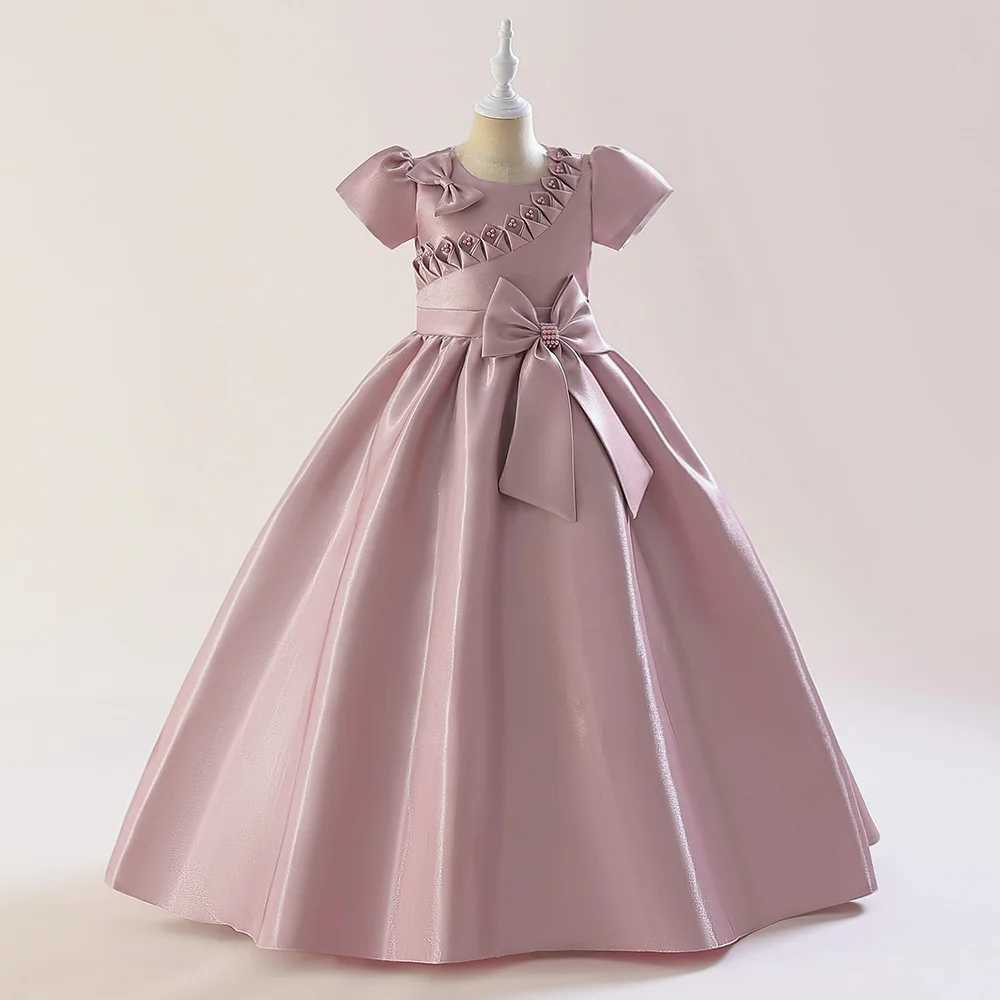 Girl's Dresses Teens Bridesmaid Bow Party Girls Dress Elegant Christmas Gown Short Sleeve Princess Kids Dress for Girl Evening Birthday Dress Y25