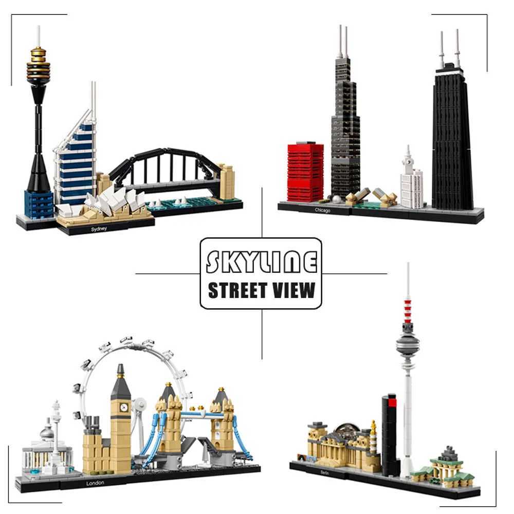 Creative street View London Sydney Chicago Building Blocks Kit B Classic City Model Kid Toys Gift 21033 21032 21034 21038 Y250227