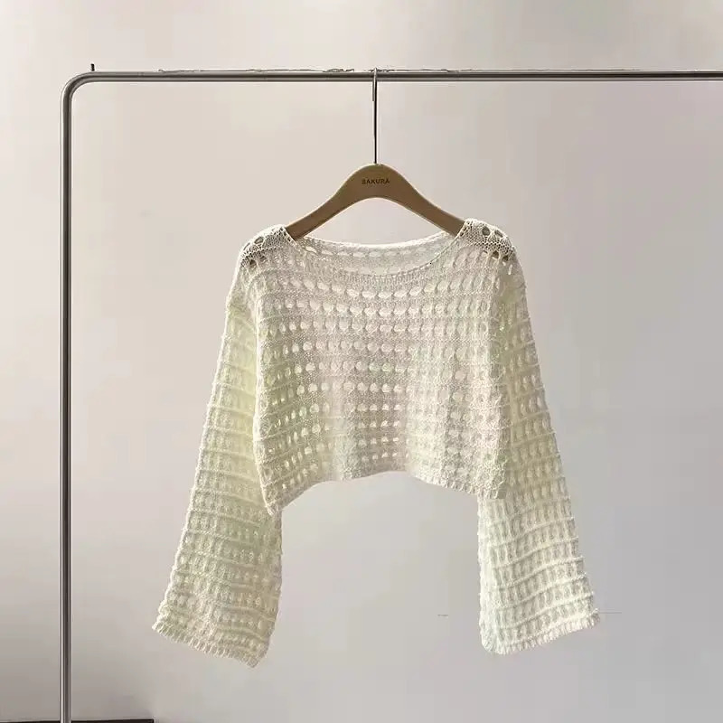 Fishnet Crochet Top Long Sleeve Crop Pullover Women Summer Cover Up Openknit Blouse Y2K Grunge Outfit 250225
