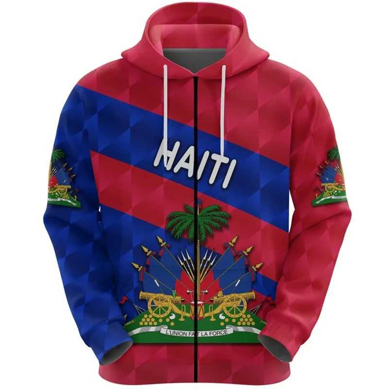 New Fashion Sports Haitian Flag Pattern Zip Up Hoodies Caribbean Sea Haiti Emblem 3D Print Long SLeeve Pullovers X250227