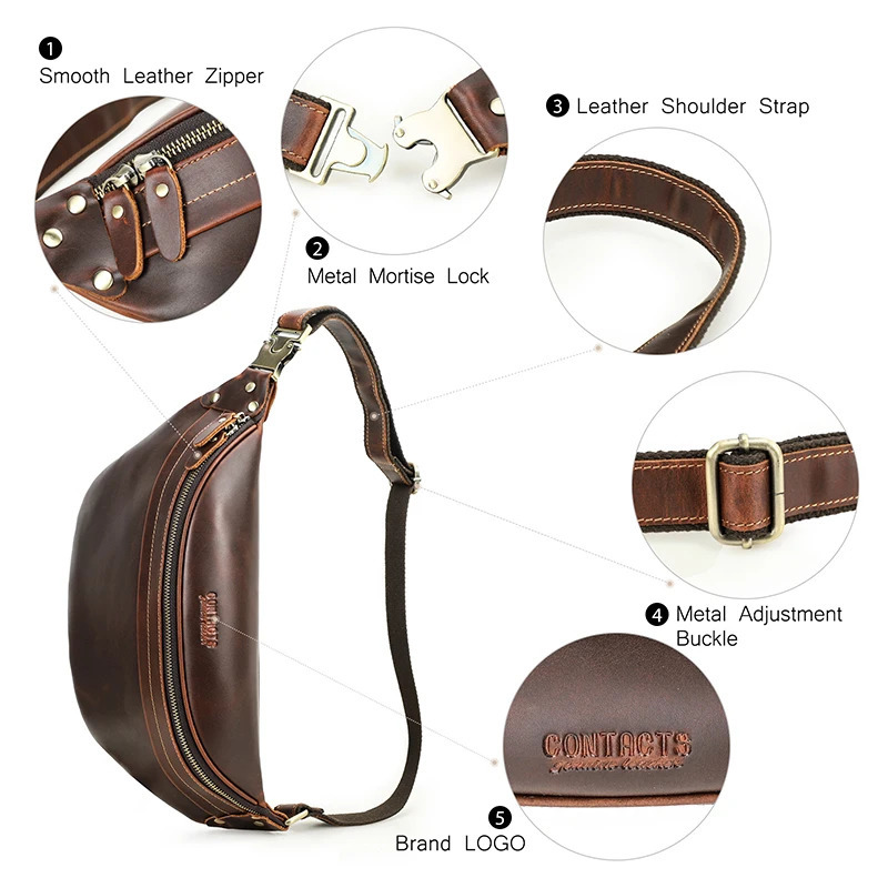 Ship from US CONTACT Mens Waist Bag Genuine Leather Travel Fanny Belt Mobile Phone y Handbag Cross Body Chest 250227FBB