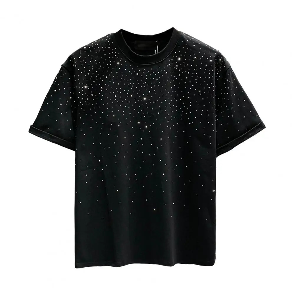 Summer Men T-shirt Rhinestone Decor Round Neck Loose Pure Color Short Sleeves Pullover Casual Mid Length Daily Wear Sport Top 250226