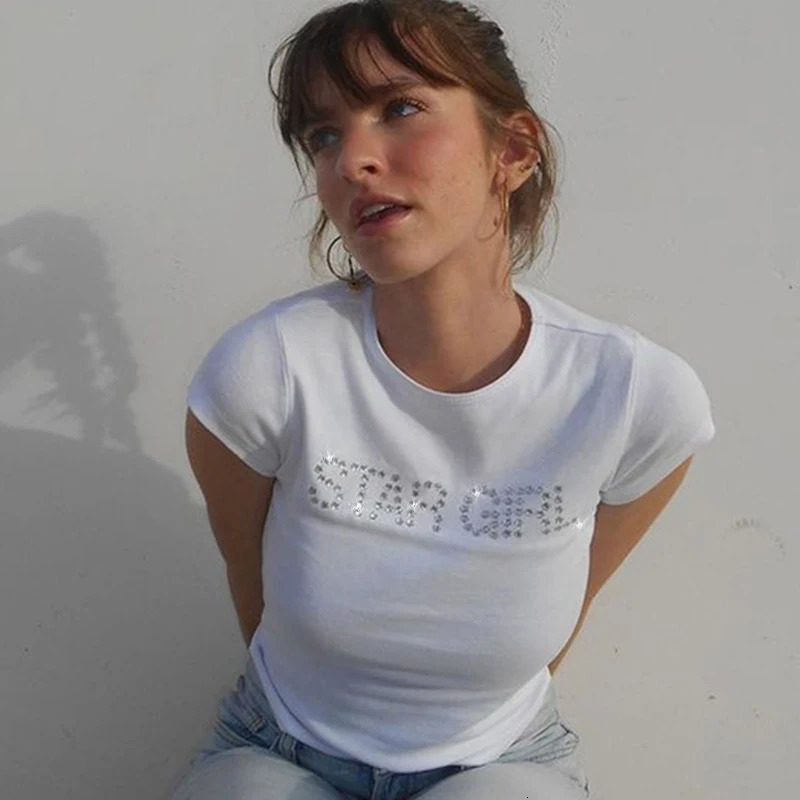 Star Bling Rhinestones Women Grunge T-shirt Y2k Aesthetic Clothes Vintage Street Tee Grunge Graphic Short Sleeve Tops 250227