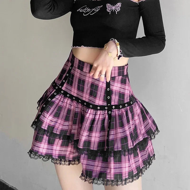 Gothic Japanese Harajuku s Purple Pink Plaid Pleated Skirt Punk Sweet Lace Kawaii Lolita Cake Mini Skirts Cosplay Costume 250224