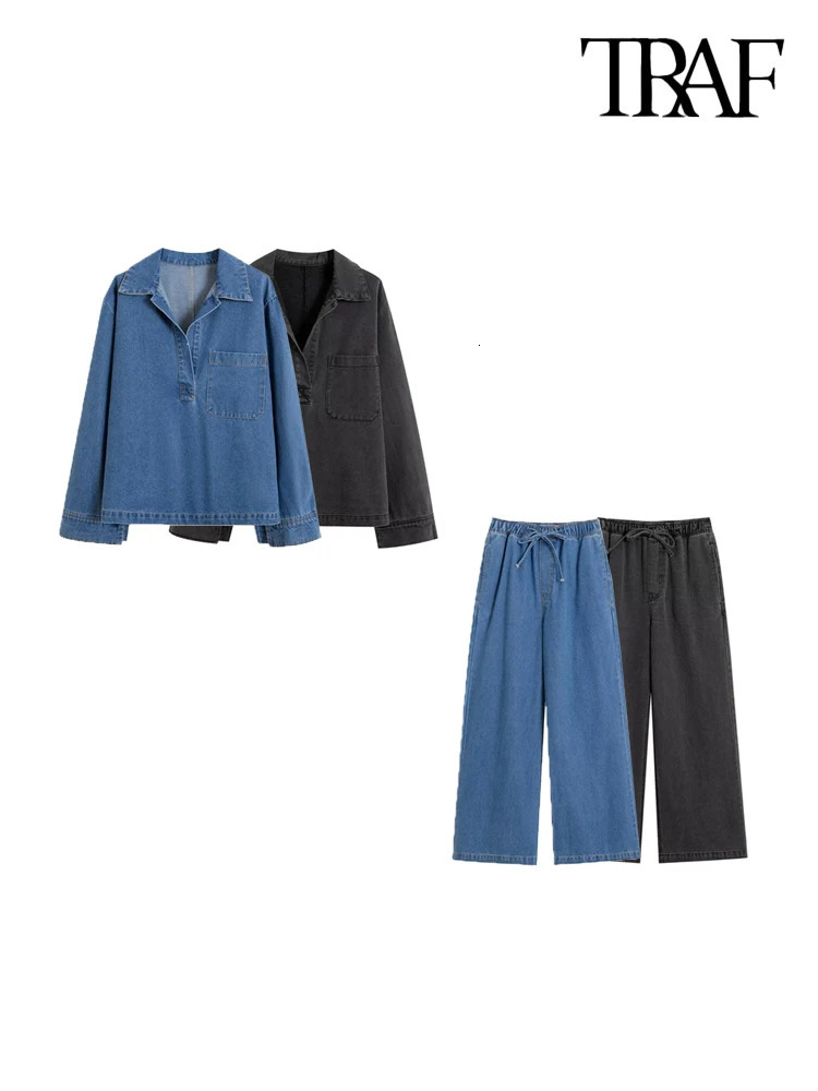 TRAF Women Fahion With Pockets Denim Loose Shirts And High Elastic Waist Drawstrings Wide Leg Pants Female Two Piece Sets 250226